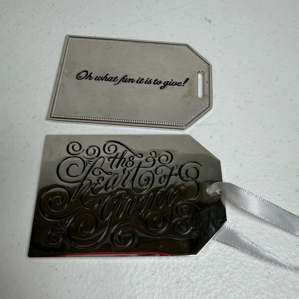 Neiman Marcus OS Metal Gift Tags Silver Heart of Giving Holiday Ornaments Set 2